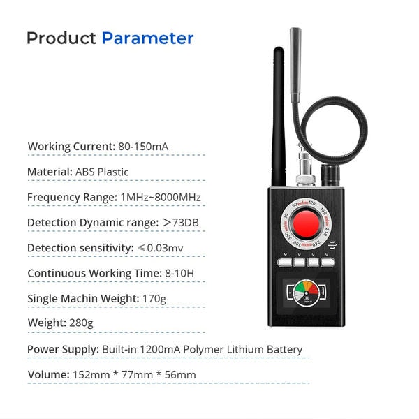 Rilevatore di Microspie Professionale– Anti-Spy Wireless 1MHz-8GHz, Scova Telecamere Nascoste, GPS, Trasmettitori, Modalità Intelligente