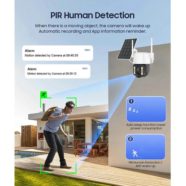Videosorveglianza solare WiFi esterna impermeabile con rilevamento umano