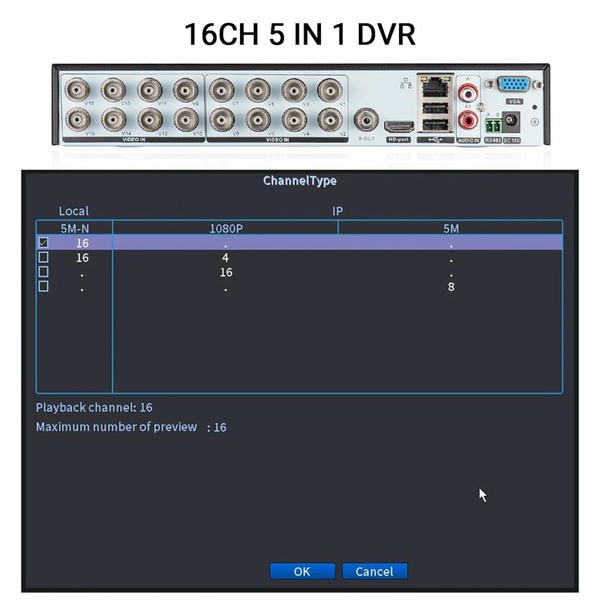 DVR 16 Canali 5mp Registratore Videosorveglianza Professionale Telecamere IP PoE WiFi e Coassiali