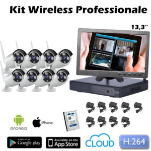 Kit Videosorveglianza Wireless 3/5 Mpx nvr 8 canali Monitor 13,3''