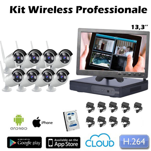 Kit Videosorveglianza Wireless 3/5 Mpx nvr 8 canali Monitor 13,3''