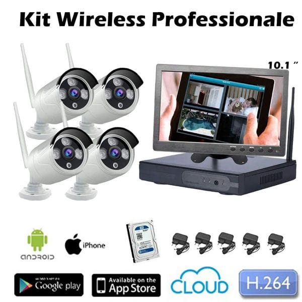 Kit Videosorveglianza Wireless 3/5 Mpx nvr 4 canali Monitor 10.1